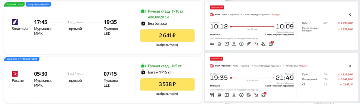 Сравнение цен на билеты до Петербурга на 30 августа 2022 года на самолёт а/к «России» и Smartavia, с поездами №16 (фирменная «Арктика») и № 21 (2-этажный)&nbsp;